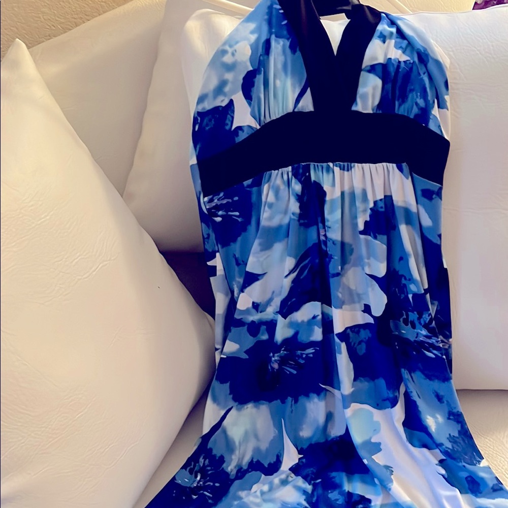 Blue and Black Floral Halter Dress